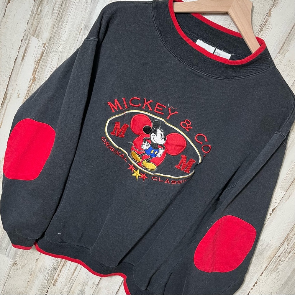 Vintage Y2K Disney Mickey & Co Black Red Crewneck Sweater Elbow Patches Mens‎ L
